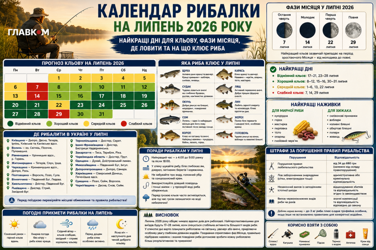 Коли клюватиме найкраще у липні 2026: календар рибалки для Волині та всієї України