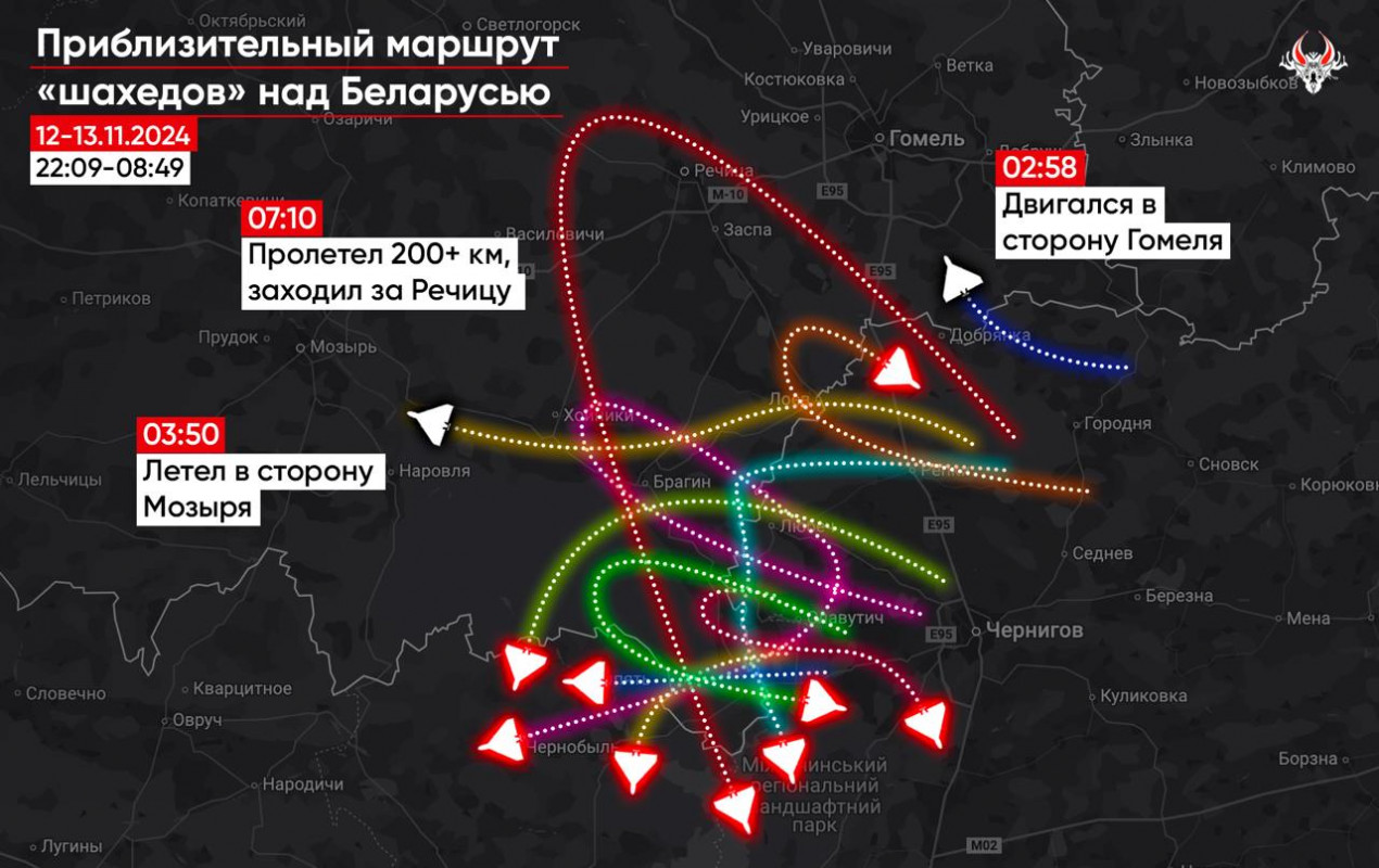 Білорусь четвертий день поспіль масовано атакують російські дрони. Карти