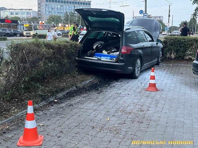 У Луцьку навпроти Північного ринку автівка врізалася у кущі і загорілась. Фото