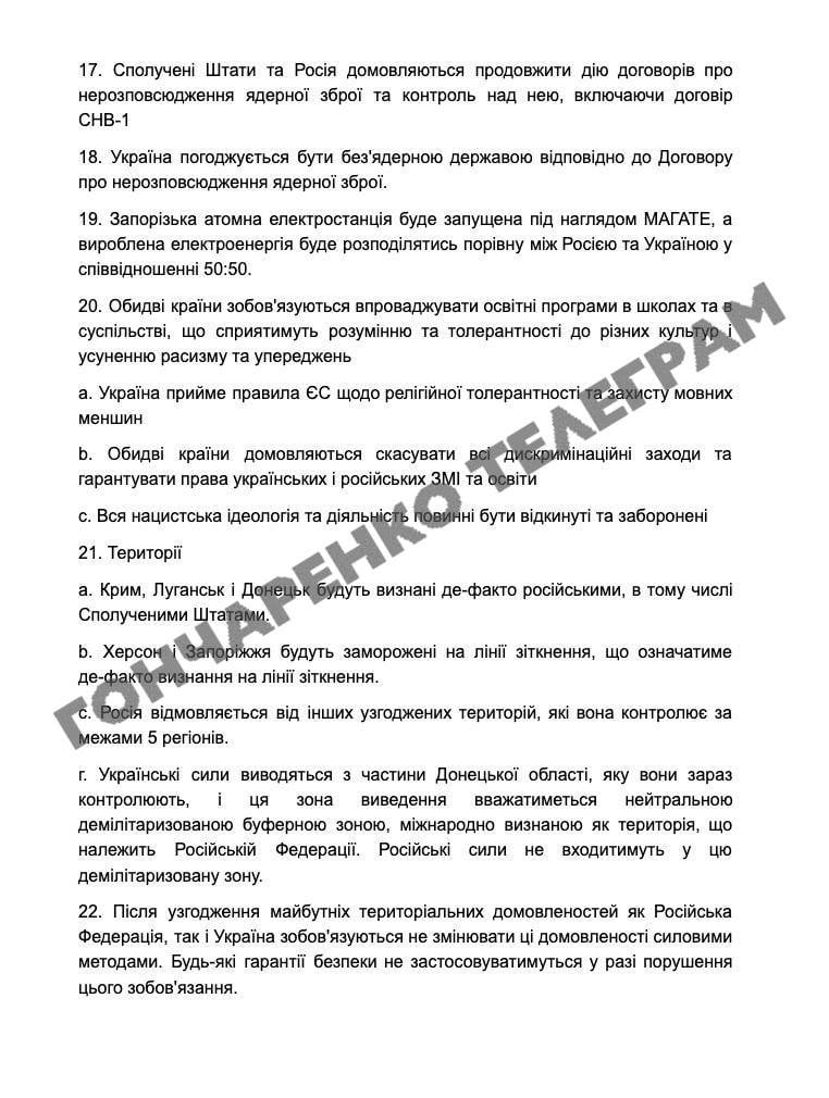 «Мирний план» Трампа: нардеп показав 28 пунктів з ймовірного документа. Фото