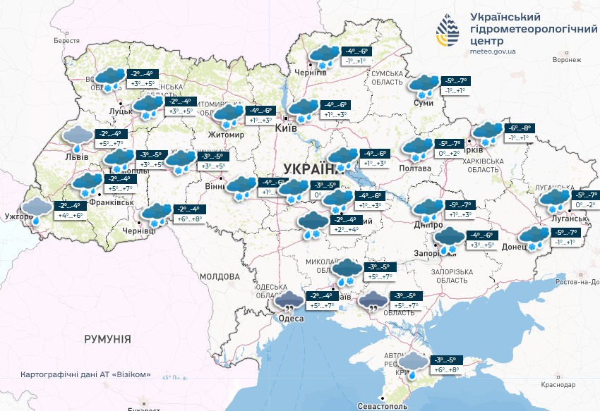 6 січня на Волині очікується мокрий сніг та пориви вітру